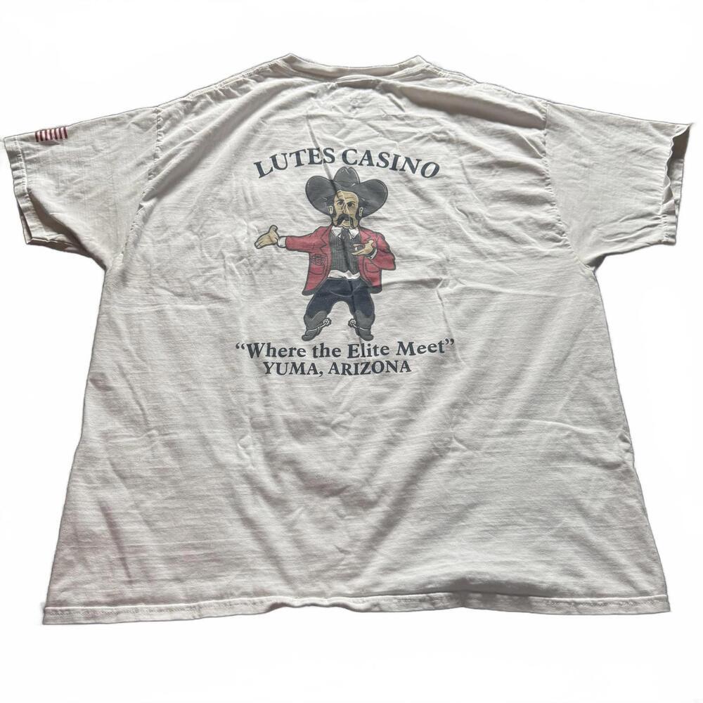 Hanes L Lutes Casino Yuma Arizona Pocket Tee Shirt White USA Flag Sleeve